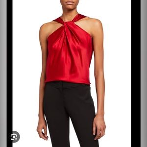 Red satin twist top THEORY. Size PETITE. Bright Ruby stretch satin.
